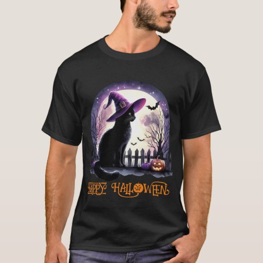 Halloween Black Cat Witz and Bats T-Shirt (Vorderseite)