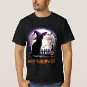 Halloween Black Cat Witz and Bats T-Shirt (Vorderseite)