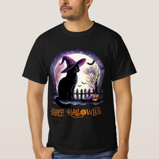 Halloween Black Cat Witz and Bats T-Shirt (Vorderseite)