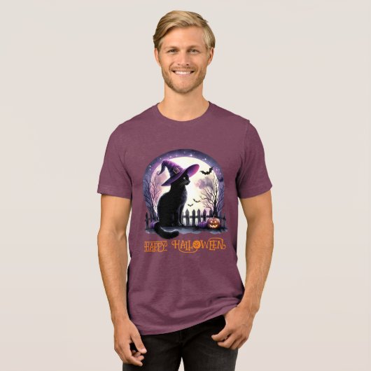 Halloween Black Cat Witz and Bats Tri-Blend Shirt (Vorderseite voll)