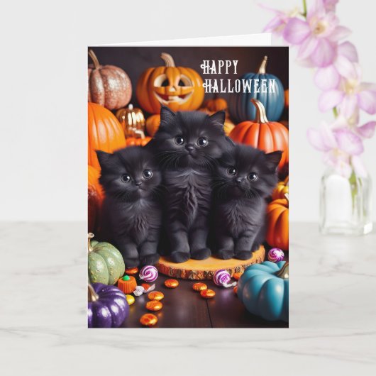 Halloween Black Cats mit Pumpkins und Candy Karte (Orchidee)