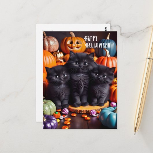 Halloween Black Cats mit Pumpkins und Candy Postkarte (Vorderseite/Rückseite Beispiel)