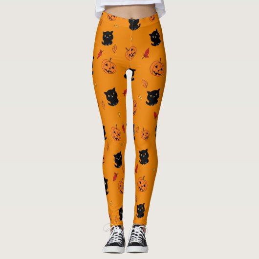 Halloween Black Cats und Pumpkins Muster Leggings (Vorderseite)