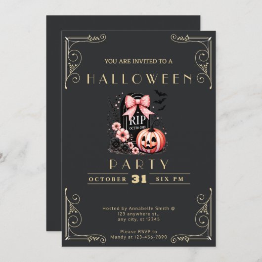 Halloween-Black & Gold Grabmal-RIP Einladung (Vorne/Hinten)