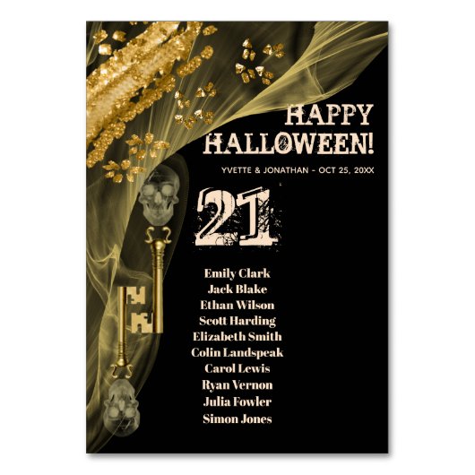 Halloween Black & Gold Skeletttasten Tischnummer (Vorderseite)