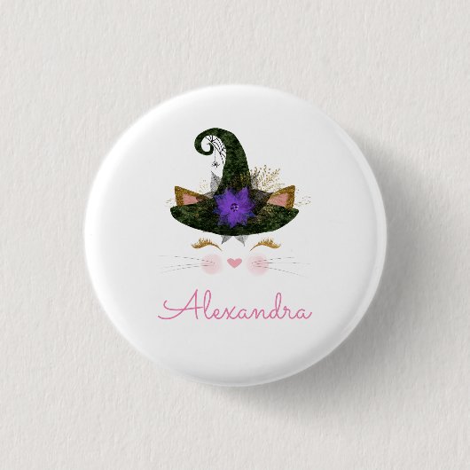 Halloween Black Hat Kitten Hexe Button (Vorderseite)