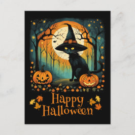 Halloween Black Hexenkatze und Full Moon Pumpkin Postkarte