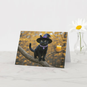 Halloween Black Kitten Cat mit Hexenhut in Tree Karte