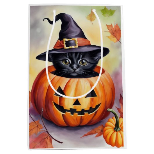 Halloween Black Kitten Hexenhut Pumpkin Geschenkta Mittlere Geschenktüte (Vorderseite)