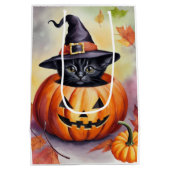 Halloween Black Kitten Hexenhut Pumpkin Geschenkta Mittlere Geschenktüte (Rückseite)