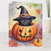 Halloween Black Kitten Hexenhut Pumpkin Karte (Rückseite)