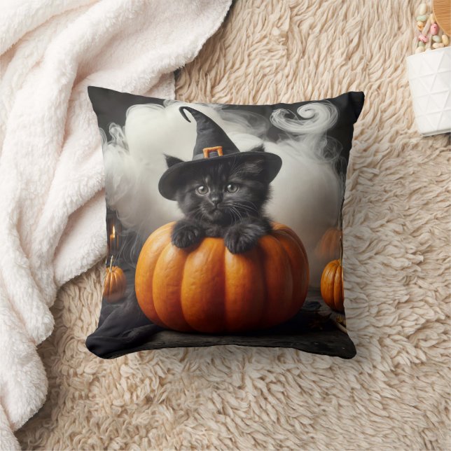 Halloween Black Kitten in Pumpkin Kissen (Decke)