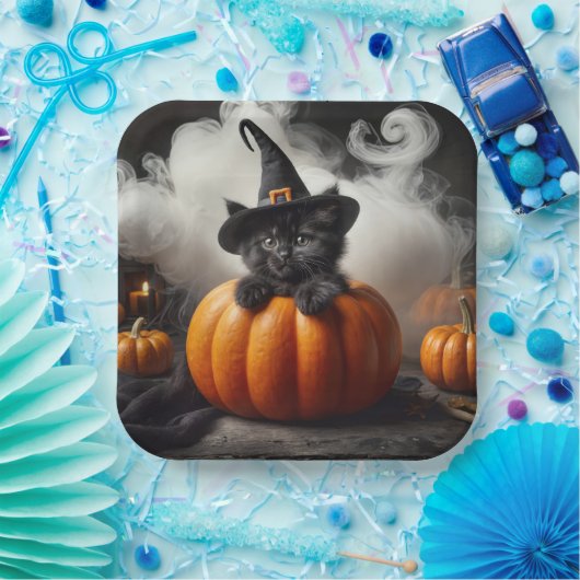 Halloween Black Kitten in Pumpkin Pappteller (Party)