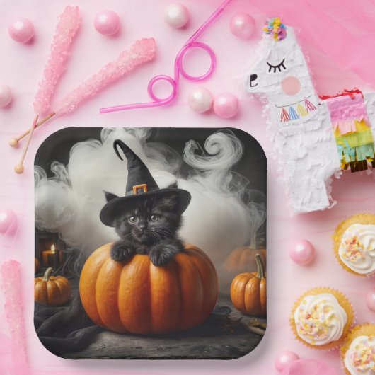 Halloween Black Kitten in Pumpkin Pappteller (Party)