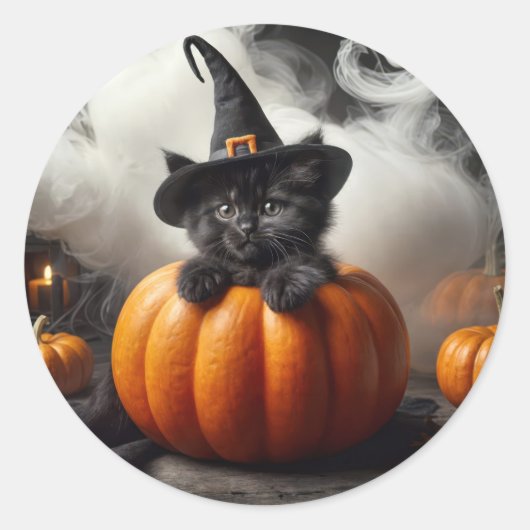 Halloween Black Kitten in Pumpkin Runder Aufkleber (Vorderseite)