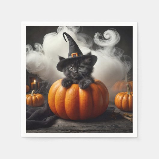 Halloween Black Kitten in Pumpkin Serviette (Vorderseite)