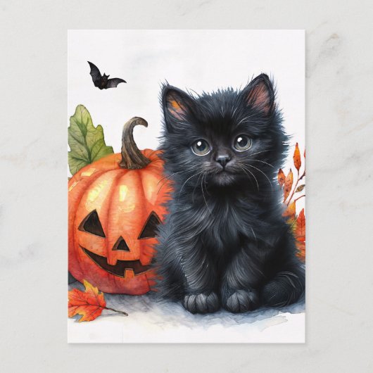 Halloween Black Kitten mit Jack-o-Laterne Postkarte (Vorderseite)