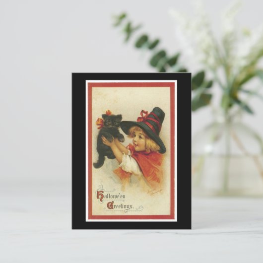 Halloween Black Kitten und Hexenmädchen Postkarte (Stehend Vorderseite)