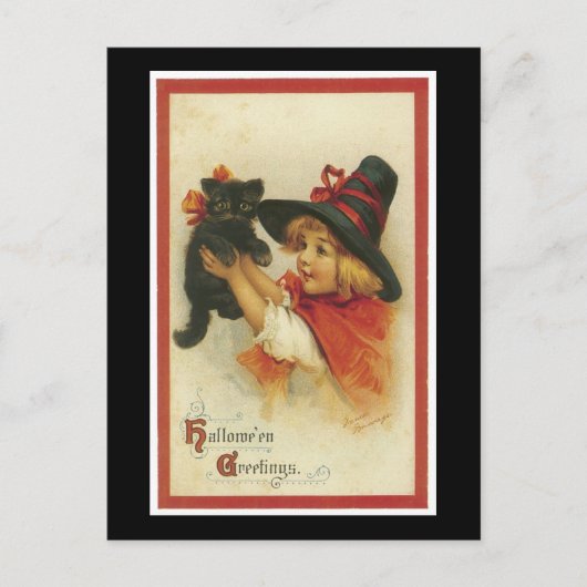 Halloween Black Kitten und Hexenmädchen Postkarte (Vorderseite)