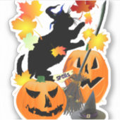 Halloween Black Kitty Batting Hübsche Blätter Aufkleber (Vorderseite)