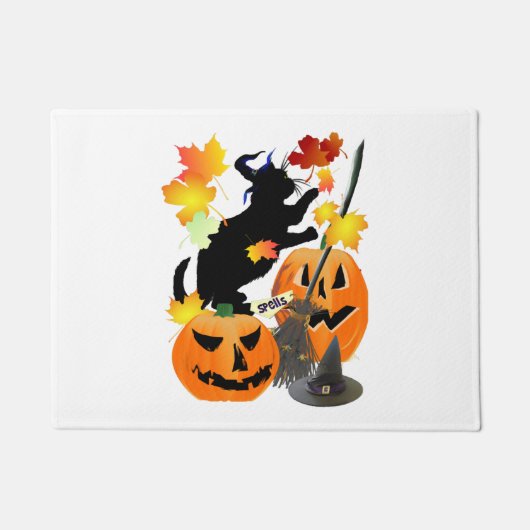 Halloween Black Kitty Batting Hübsche Blätter Fußmatte (Vorderseite)