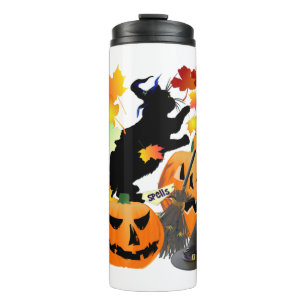 Halloween Black Kitty Batting Hübsche Blätter Thermosbecher