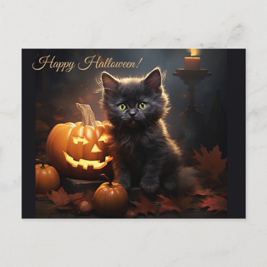 Halloween Black Kitty Cat, Kürbislaterne Pumpkins Postkarte (Vorderseite)