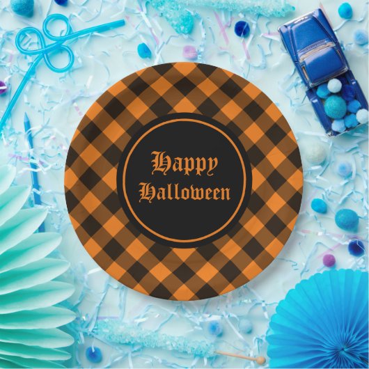 Halloween Black Orange Gingham Karo Pattern Pappteller (Party)