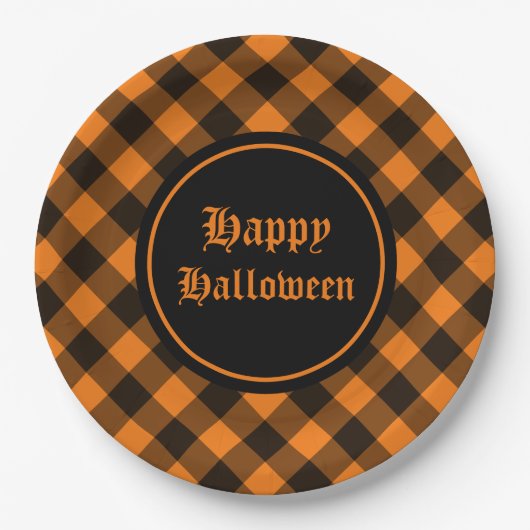 Halloween Black Orange Gingham Karo Pattern Pappteller (Vorderseite)
