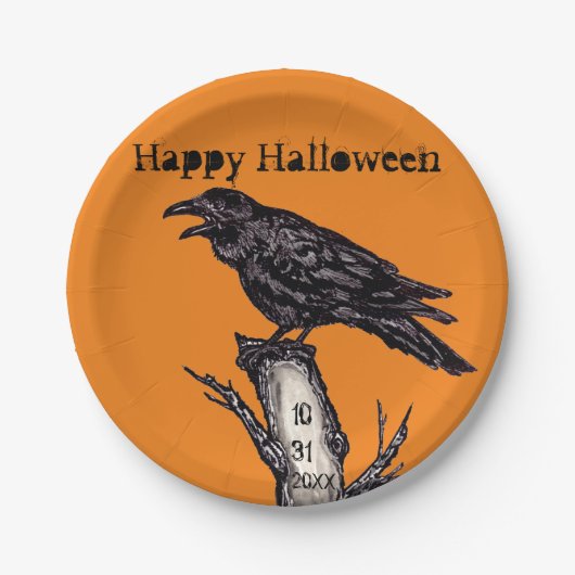 Halloween Black Orange Gothic Raven Crow Date Pappteller (Vorderseite)