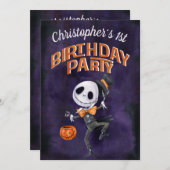 Halloween Black Orange Spooky Niedlich 1. Geburtst Einladung (Vorne/Hinten)