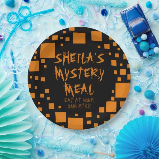 Halloween Black Orange Squares Name Spooky Food Pappteller (Party)