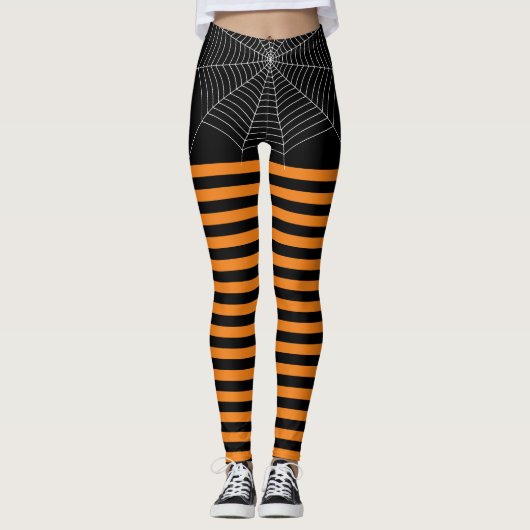 Halloween Black Orange White Spinnennetze Streifen Leggings (Vorderseite)