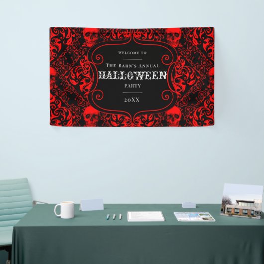 Halloween Black Red Gothic Skull Damask Banner (Messeveranstaltung)