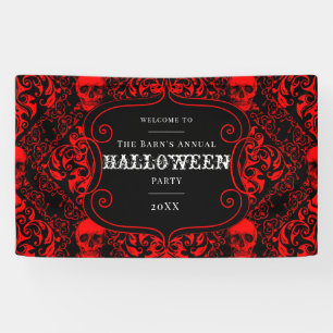 Halloween Black Red Gothic Skull Damask Banner