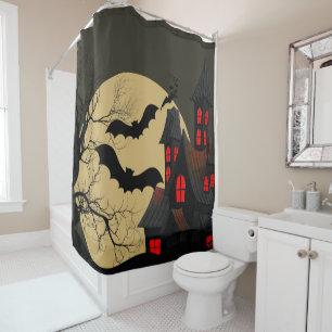 Halloween Black Red Spuk House Bat Full Moon Duschvorhang