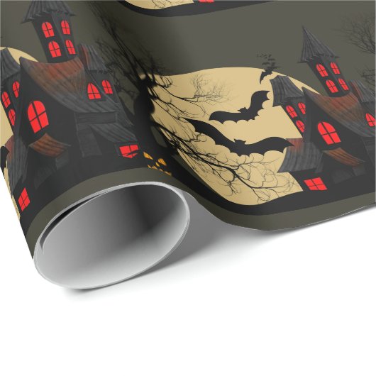 Halloween Black Red Spuk House Bat Full Moon Geschenkpapier (Rolleneckpunkt)