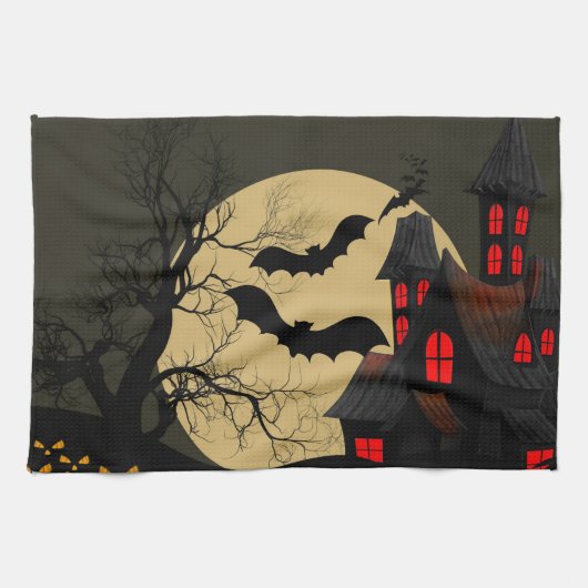 Halloween Black Red Spuk House Bat Full Moon Geschirrtuch (Horizontal)