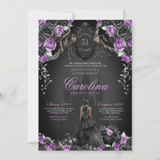 Halloween Black Rose Lila Princess Quinceanera Einladung (Vorderseite)
