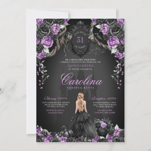 Halloween Black Rose Lila Princess Quinceanera Einladung (Vorderseite)