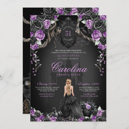 Halloween Black Rose Lila Princess Quinceanera Einladung (Vorne/Hinten)