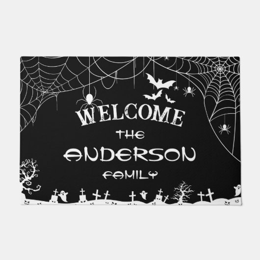 Halloween Black & White Web Spider Webhost-Name Fußmatte (Vorderseite)
