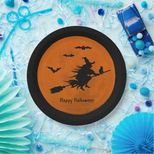 Halloween Black Wicked Witz Flying Orange Moon Pappteller (Party)