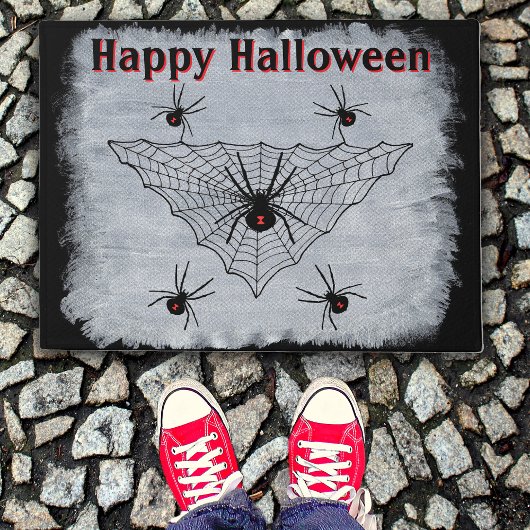 Halloween Black Widow Spinnen im Web Rustikal Weiß Fußmatte
