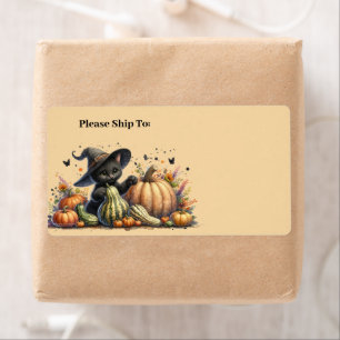 Halloween Black Witch's Kitten W/ Pumpkins Gourds