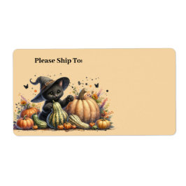 Halloween Black Witch's Kitten W/ Pumpkins Gourds