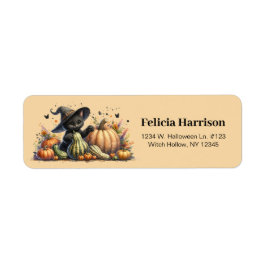 Halloween Black Witch's Kitten W/ Pumpkins Gourds