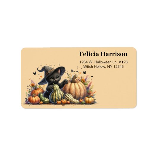 Halloween Black Witch's Kitten W/ Pumpkins Gourds Adressaufkleber (Vorne)