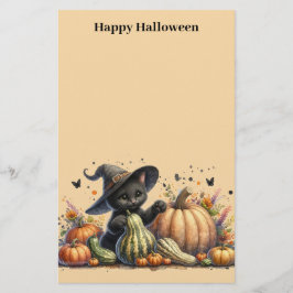 Halloween Black Witch's Kitten W/ Pumpkins Gourds Briefpapier