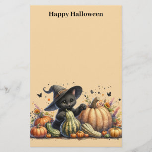 Halloween Black Witch's Kitten W/ Pumpkins Gourds Briefpapier